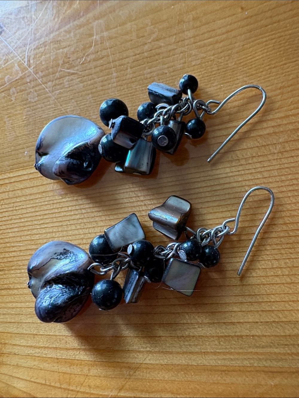 Source Unknown ~ Iridescent Black and Silver Seashell Dangle Earrings